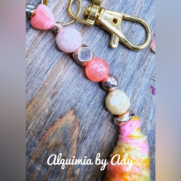 Chunky Bead Keychain or Backpack Tag - Multiple Color  Colorful Beaded Keychain with Yarn Tassel moonstone